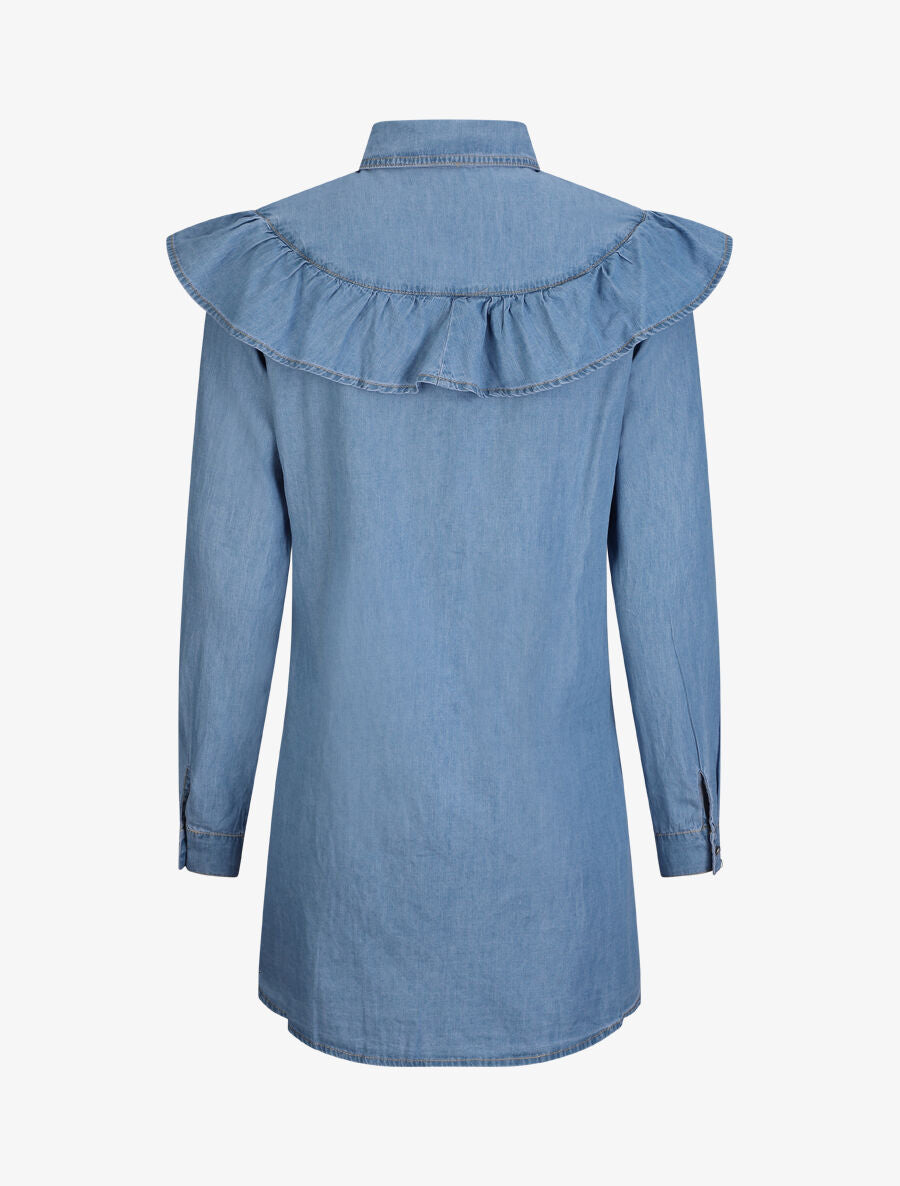 Chemise en jean droite à épaules volantées - Bleu - 2