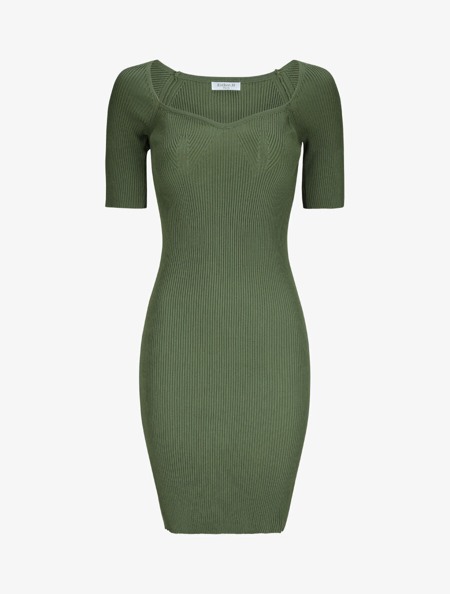 Robe courte ajustée unie à col en coeur - Kaki - 1