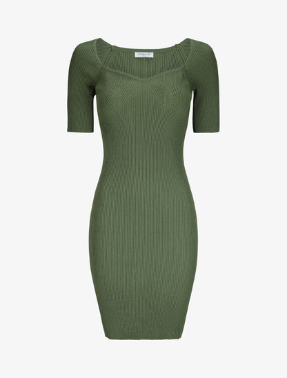 Robe courte ajustée unie à col en coeur - Kaki - 1