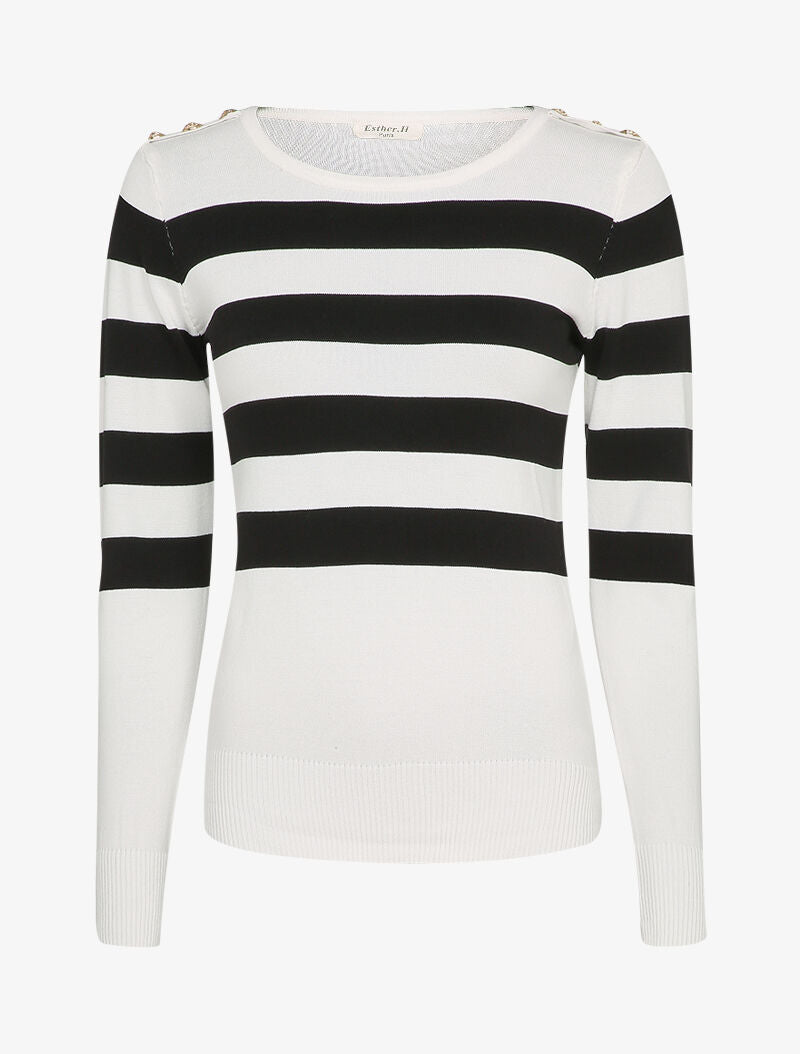 Pull à rayures et épaules boutonnées - Blanc - 1