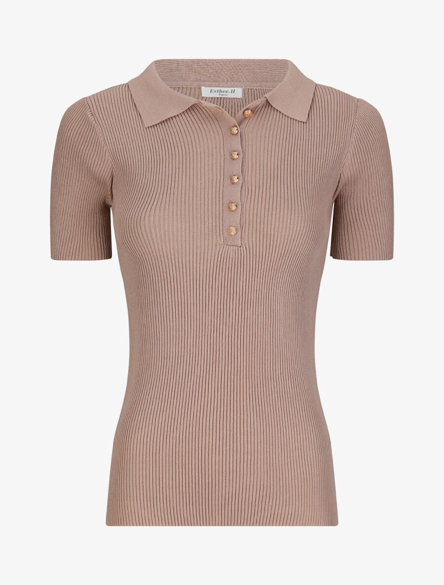 Polo ajusté en maille côtelée - Beige - 1