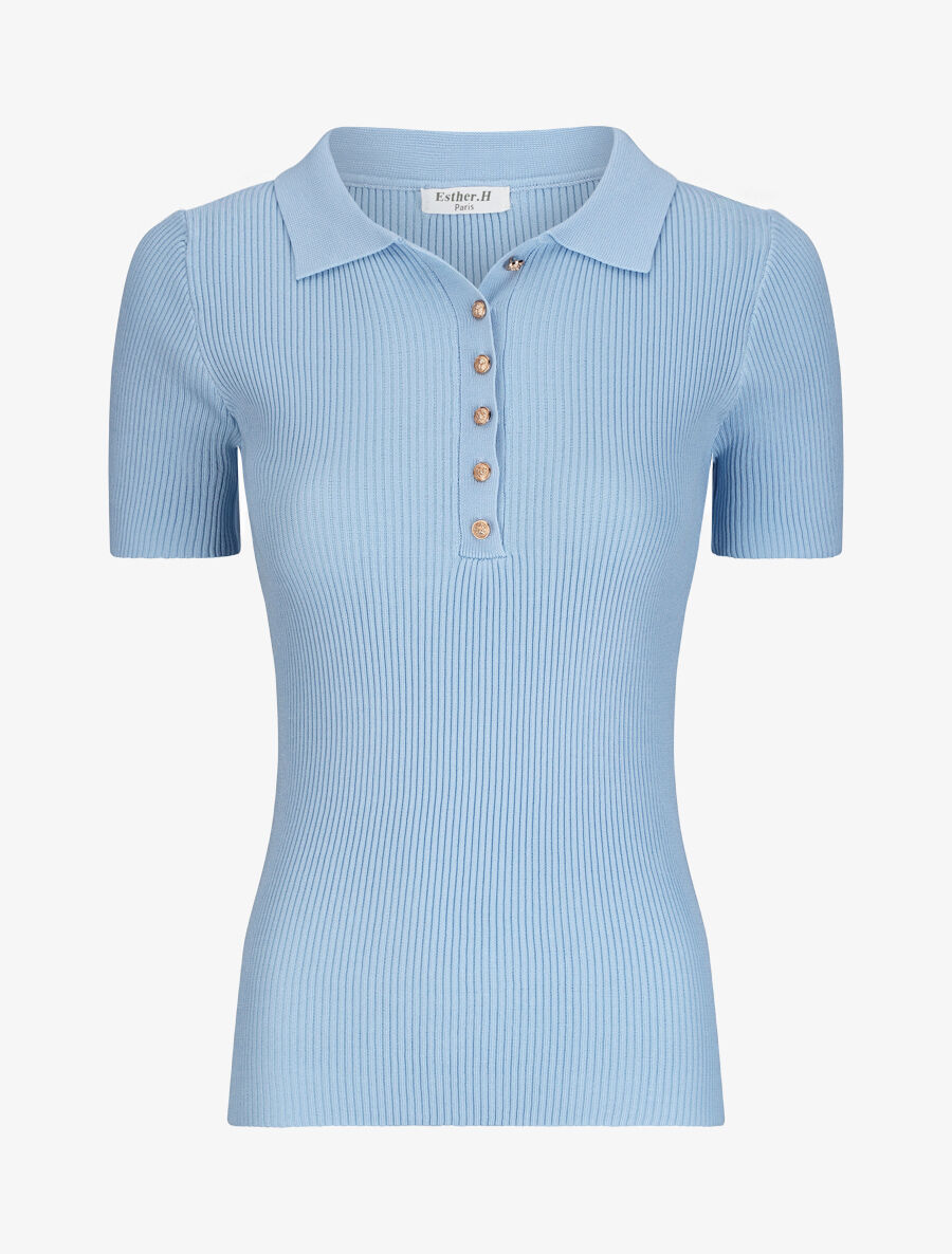 Polo ajusté en maille côtelée - Bleu ciel - 1