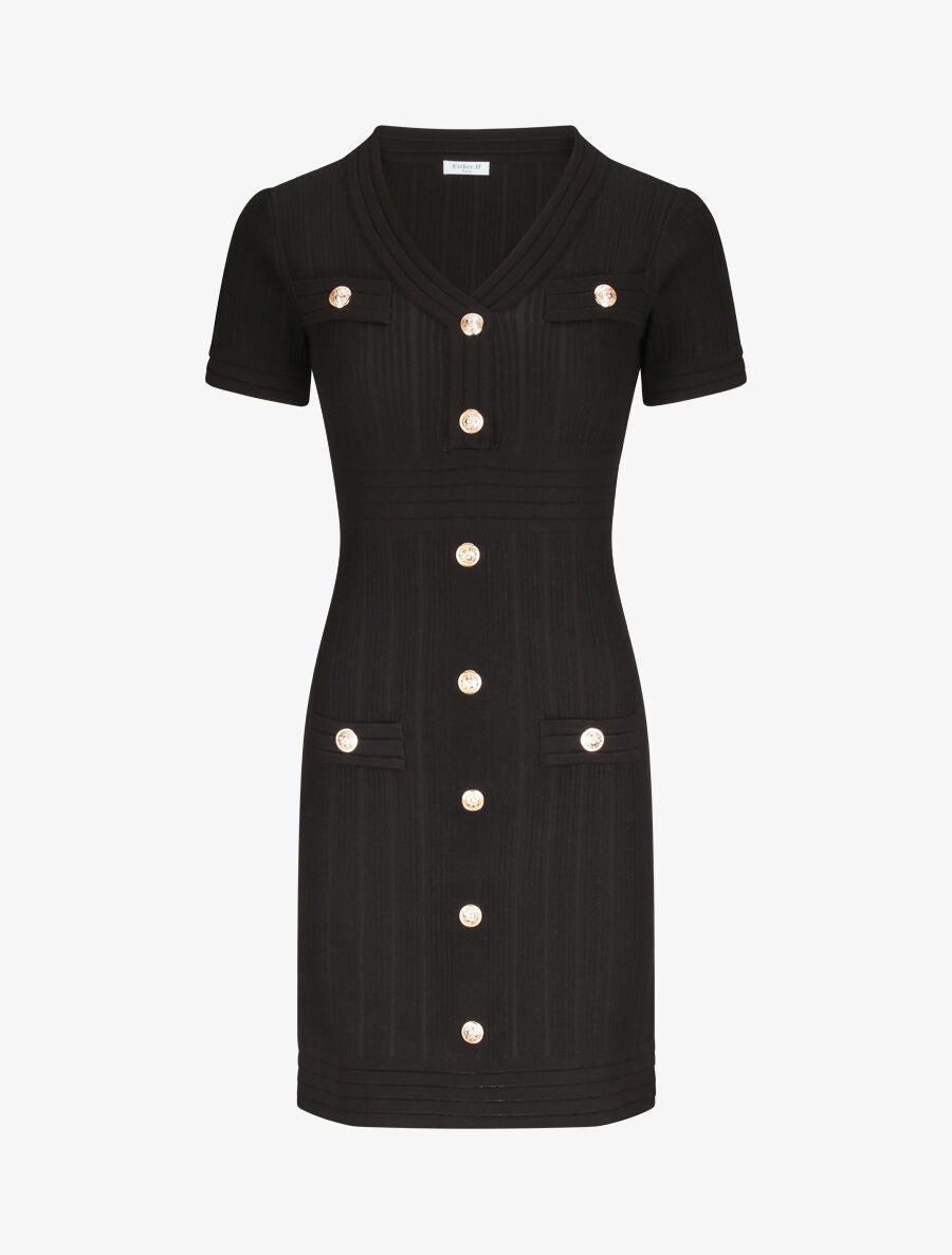 Robe courte ajustée côtelée à boutons dorés - Noir - 1