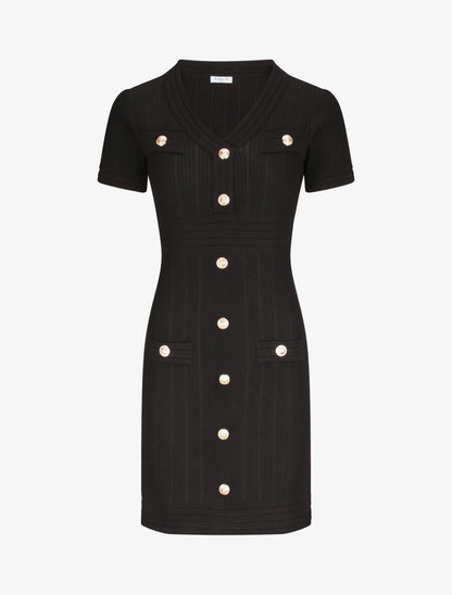 Robe courte ajustée côtelée à boutons dorés - Noir - 1