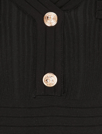 Robe courte ajustée côtelée à boutons dorés - Noir - 3