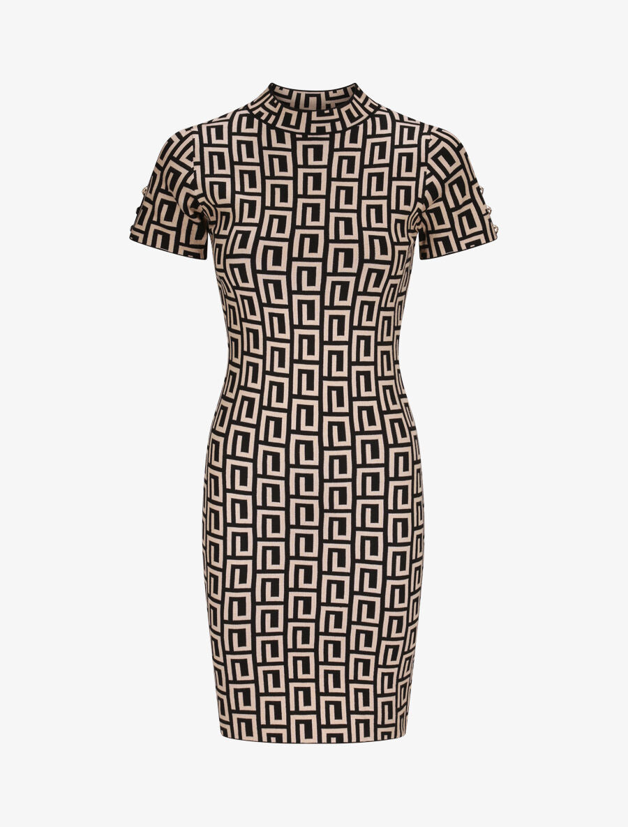 Robe courte ajustée jacquard grec - Camel - 1