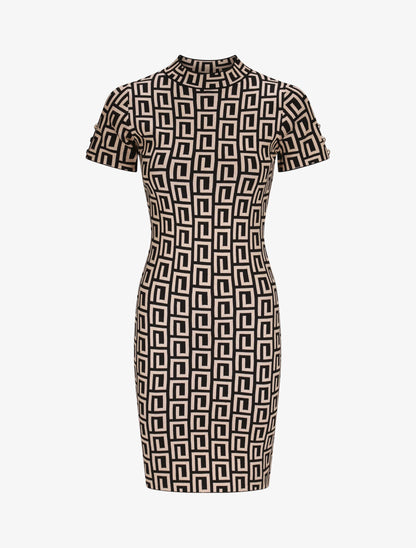 Robe courte ajustée jacquard grec - Camel - 1