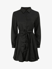 Robe chemise satinée à bords volantés - Noir - 1