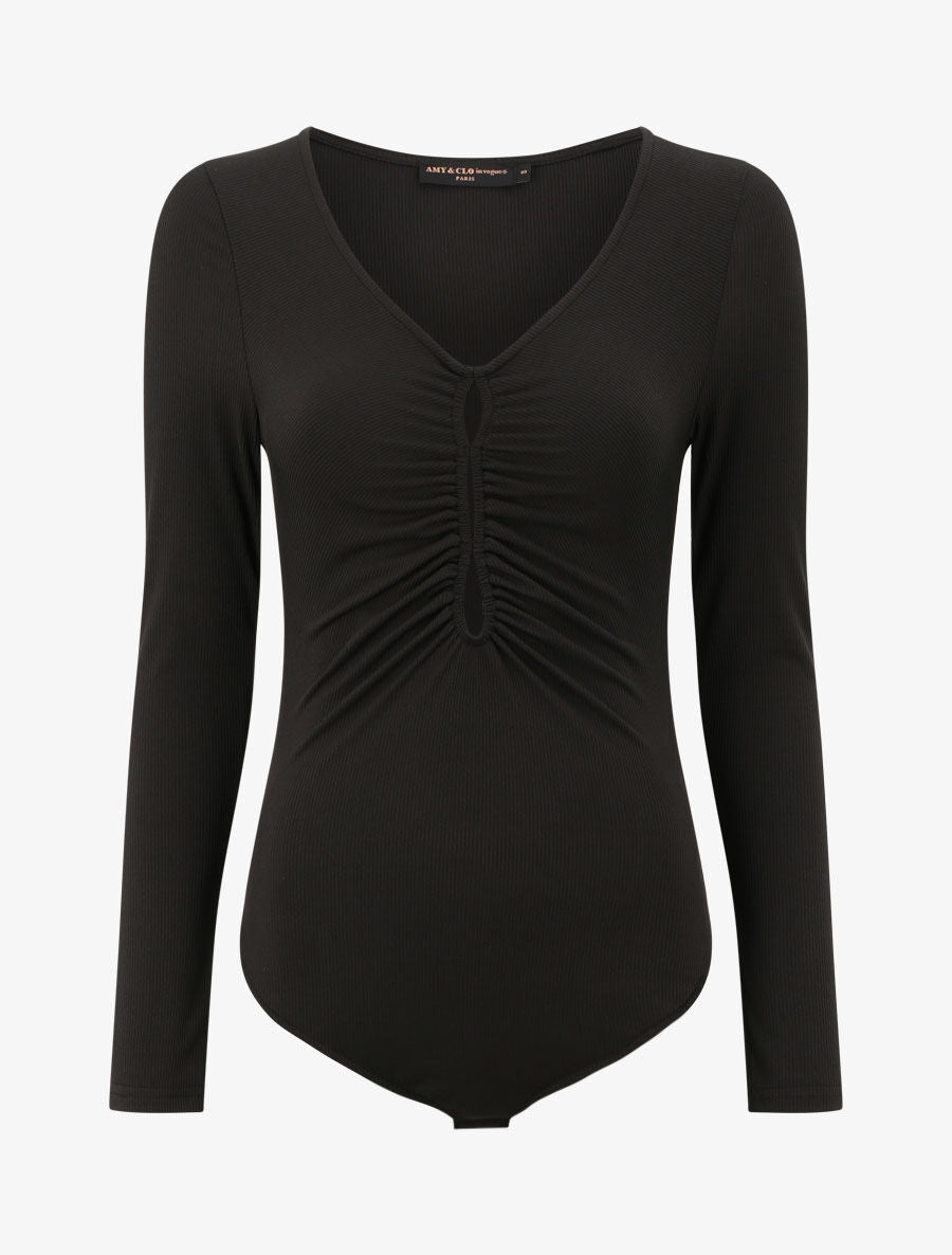 Body côtelé à col en V - Noir - 4