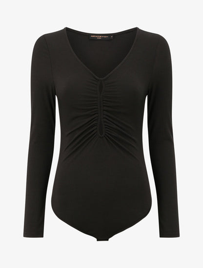 Body côtelé à col en V - Noir - 4
