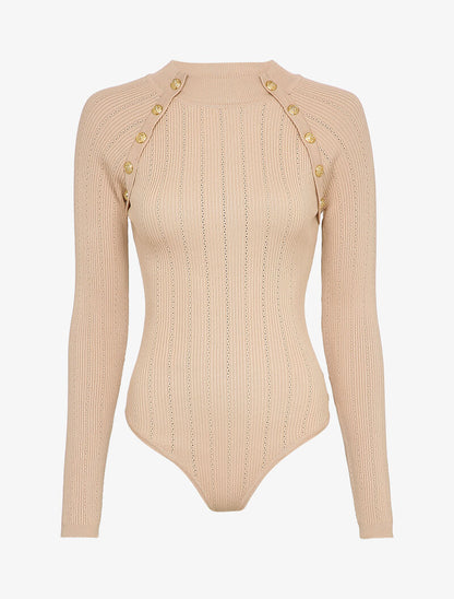 Body côtelé à épaules boutonnées - Beige - 4