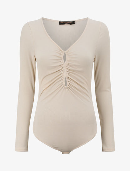 Body côtelé à col en V - Beige - 4
