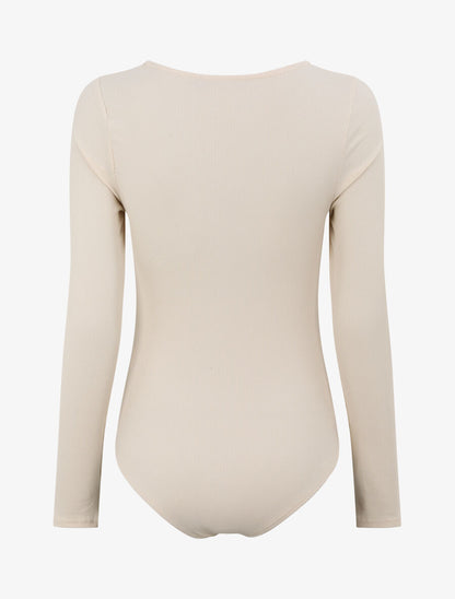 Body côtelé à col en V - Beige - 2