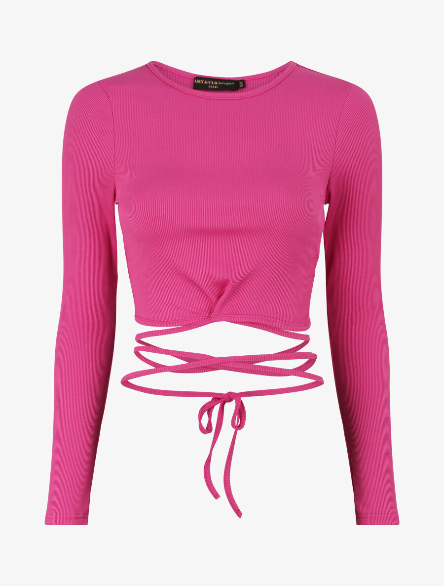Crop top côtelé à manches longues et liens à nouer - Fushia - 4