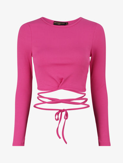 Crop top côtelé à manches longues et liens à nouer - Fushia - 4