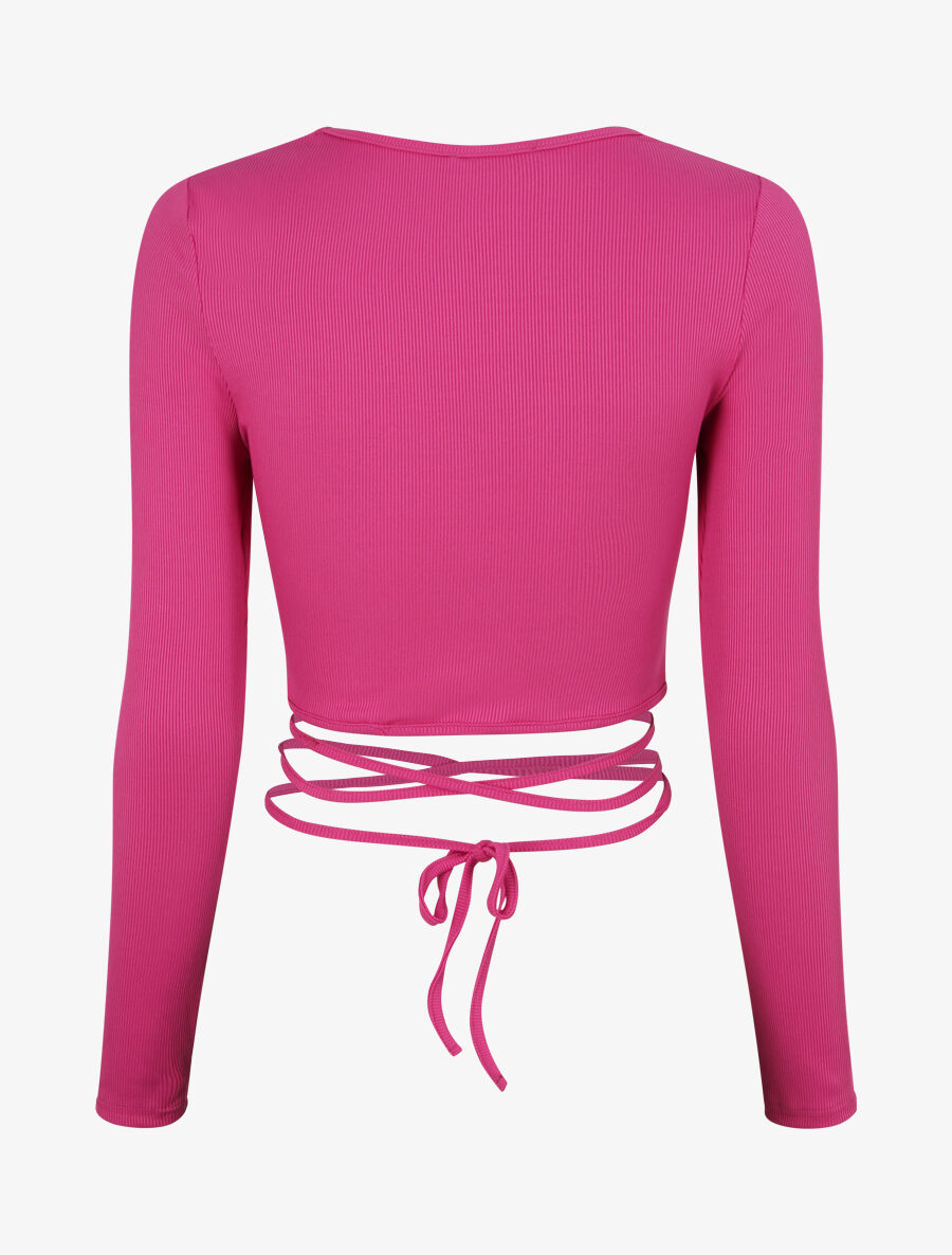 Crop top côtelé à manches longues et liens à nouer - Fushia - 2