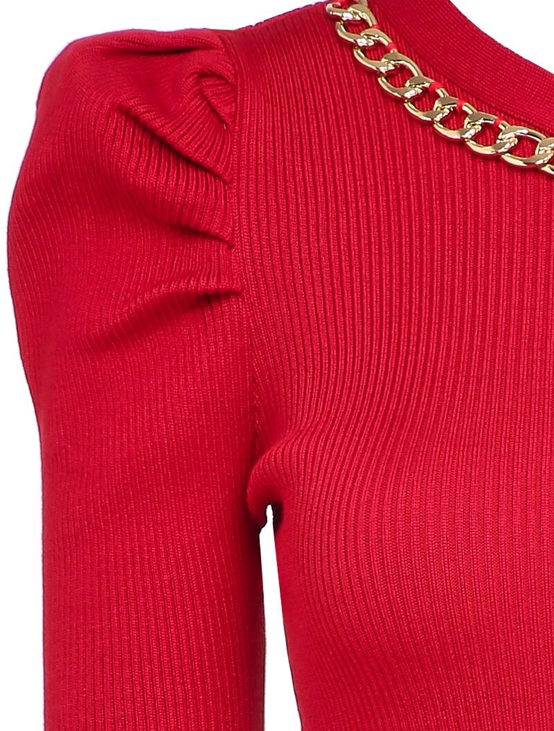 Pull côtelé à col rond à détail chaîne - Rouge - 3
