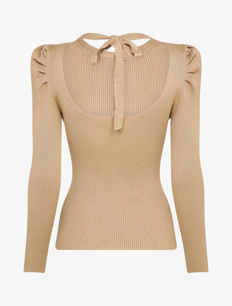 Pull côtelé à col rond à détail chaîne - Beige - 2