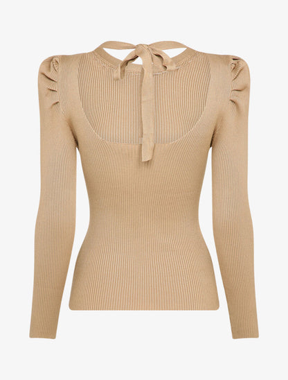Pull côtelé à col rond à détail chaîne - Beige - 2