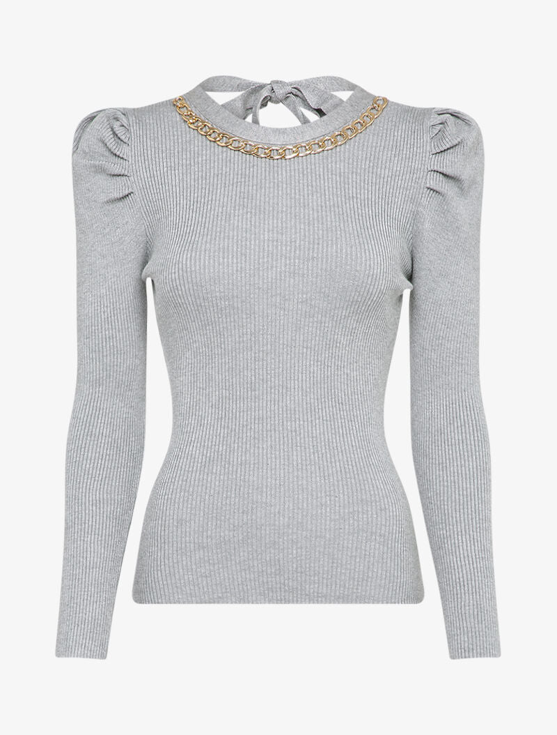 Pull côtelé à col rond à détail chaîne - Gris clair - 4