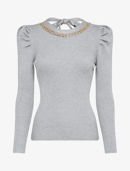 Pull côtelé à col rond à détail chaîne - Gris clair - 4