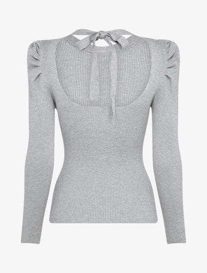 Pull côtelé à col rond à détail chaîne - Gris clair - 2