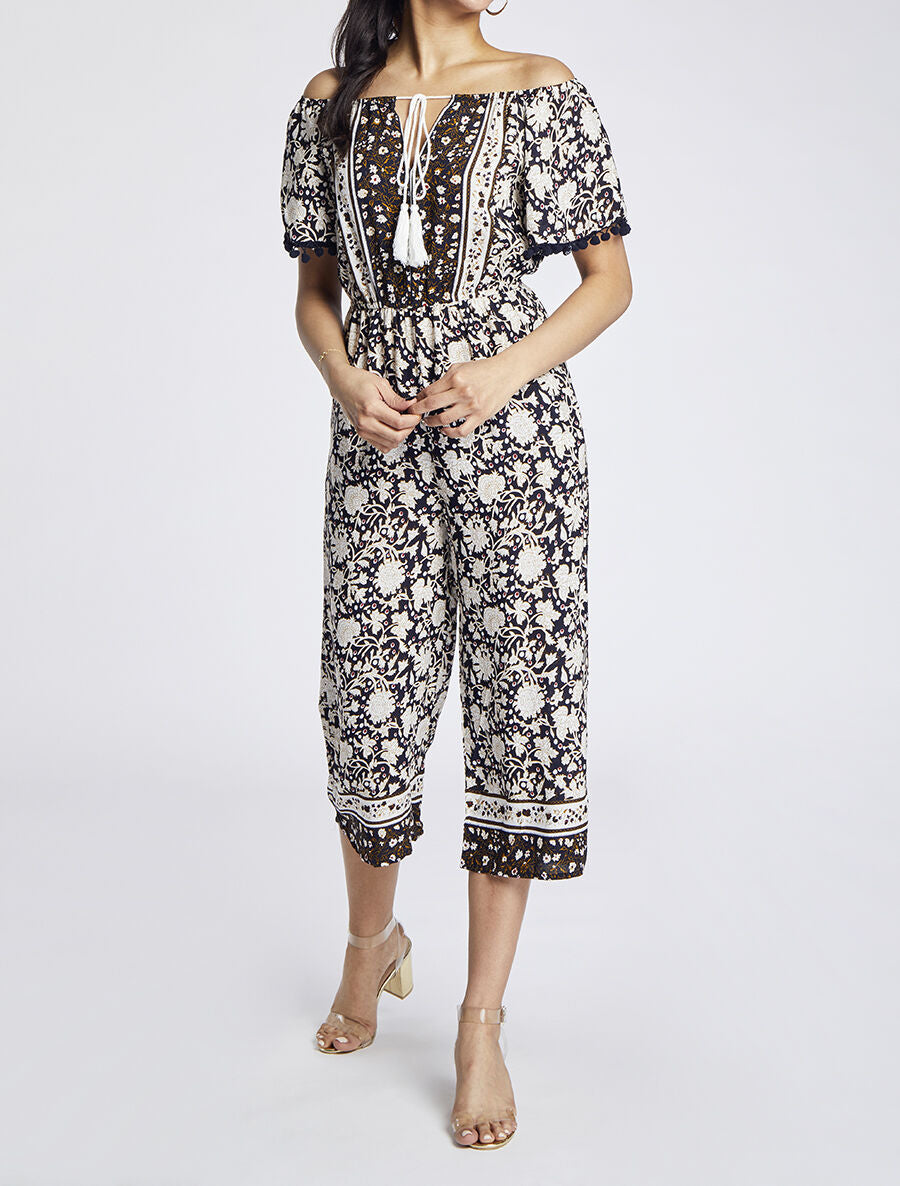 Combinaison imprimé floral stylisé à manches à pompons - Noir - 3