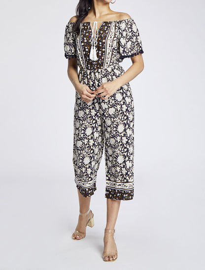Combinaison imprimé floral stylisé à manches à pompons - Noir - 3