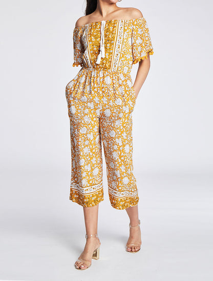 Combinaison imprimé floral stylisé à manches à pompons - Moutarde - 3