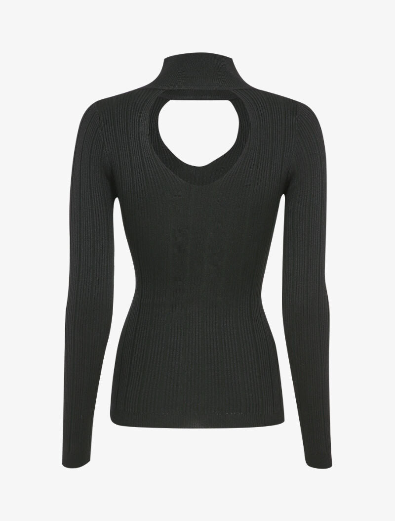 Pull côtelé à décolleté en V - Noir - 2