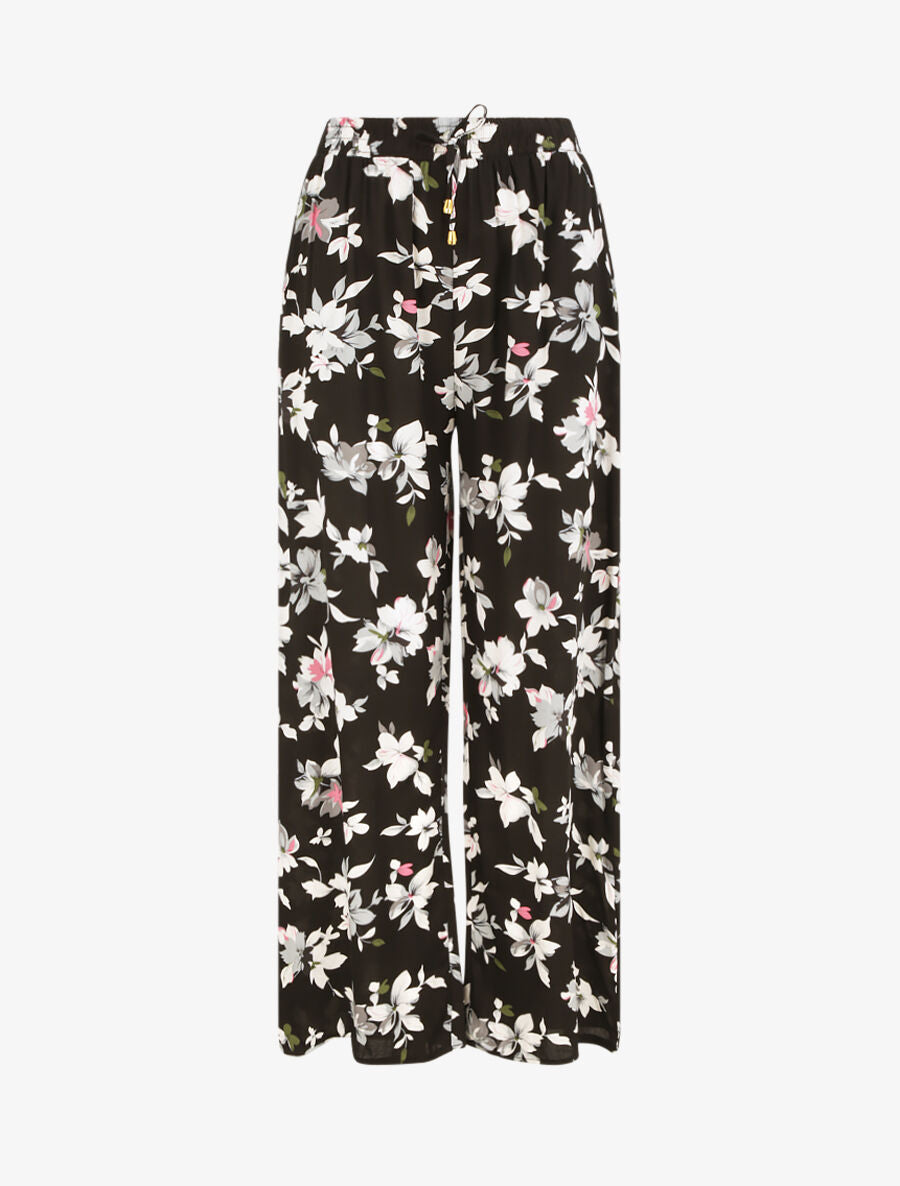 Pantalon ample imprimé été fleuri - Noir - 1