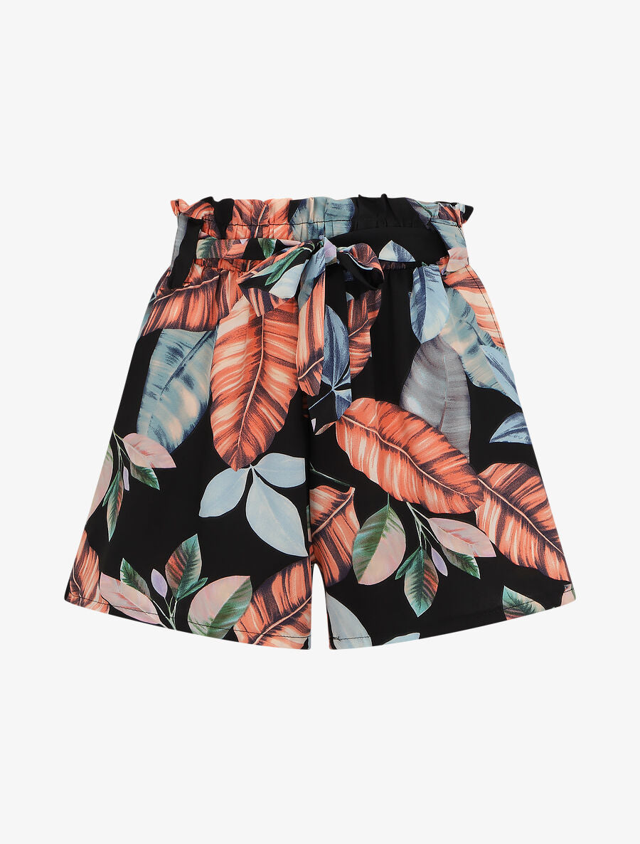 Short à taille froncée imprimé feuilles tropicales - Noir - 5