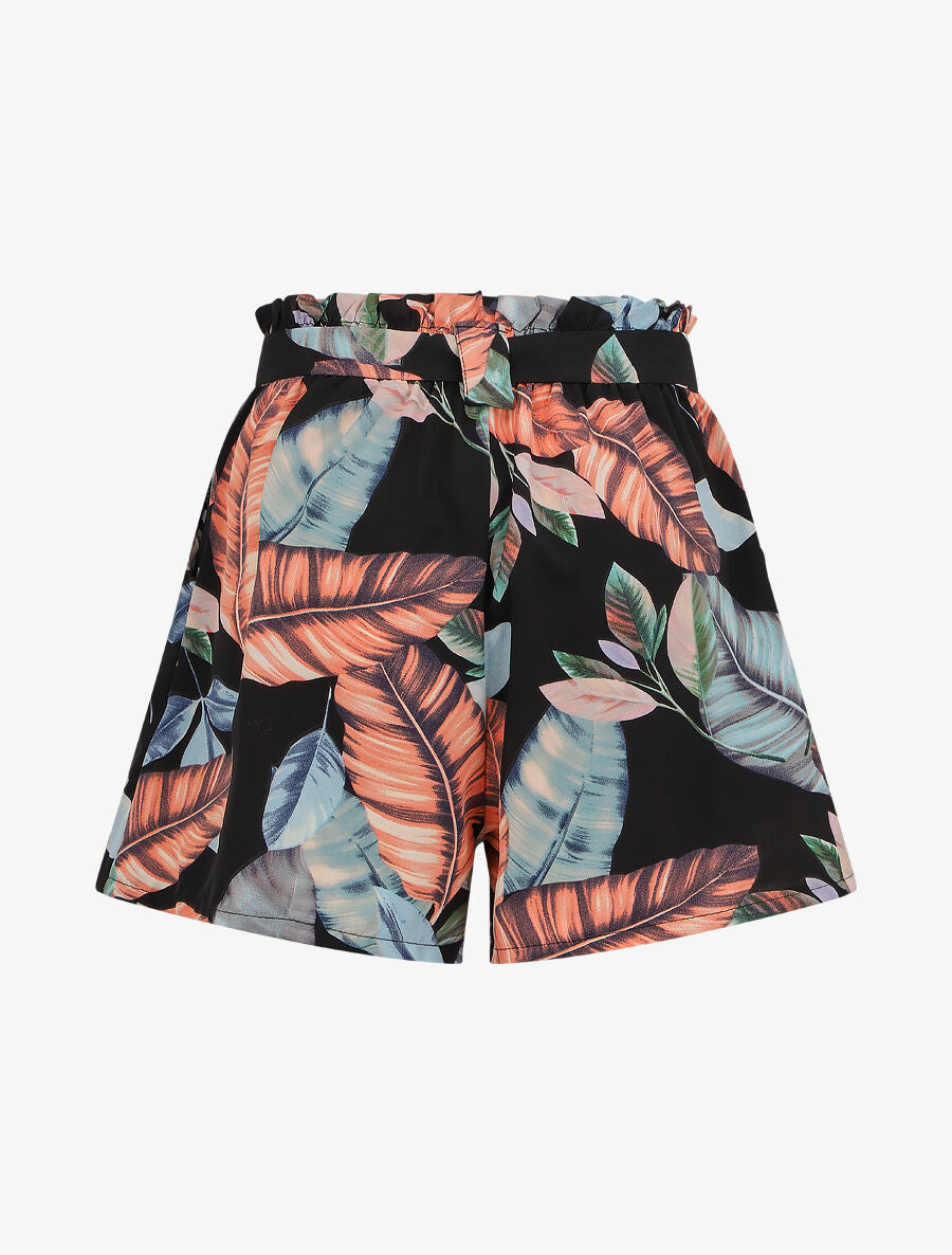 Short à taille froncée imprimé feuilles tropicales - Noir - 2