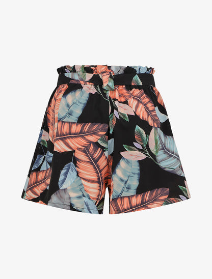 Short à taille froncée imprimé feuilles tropicales - Noir - 2