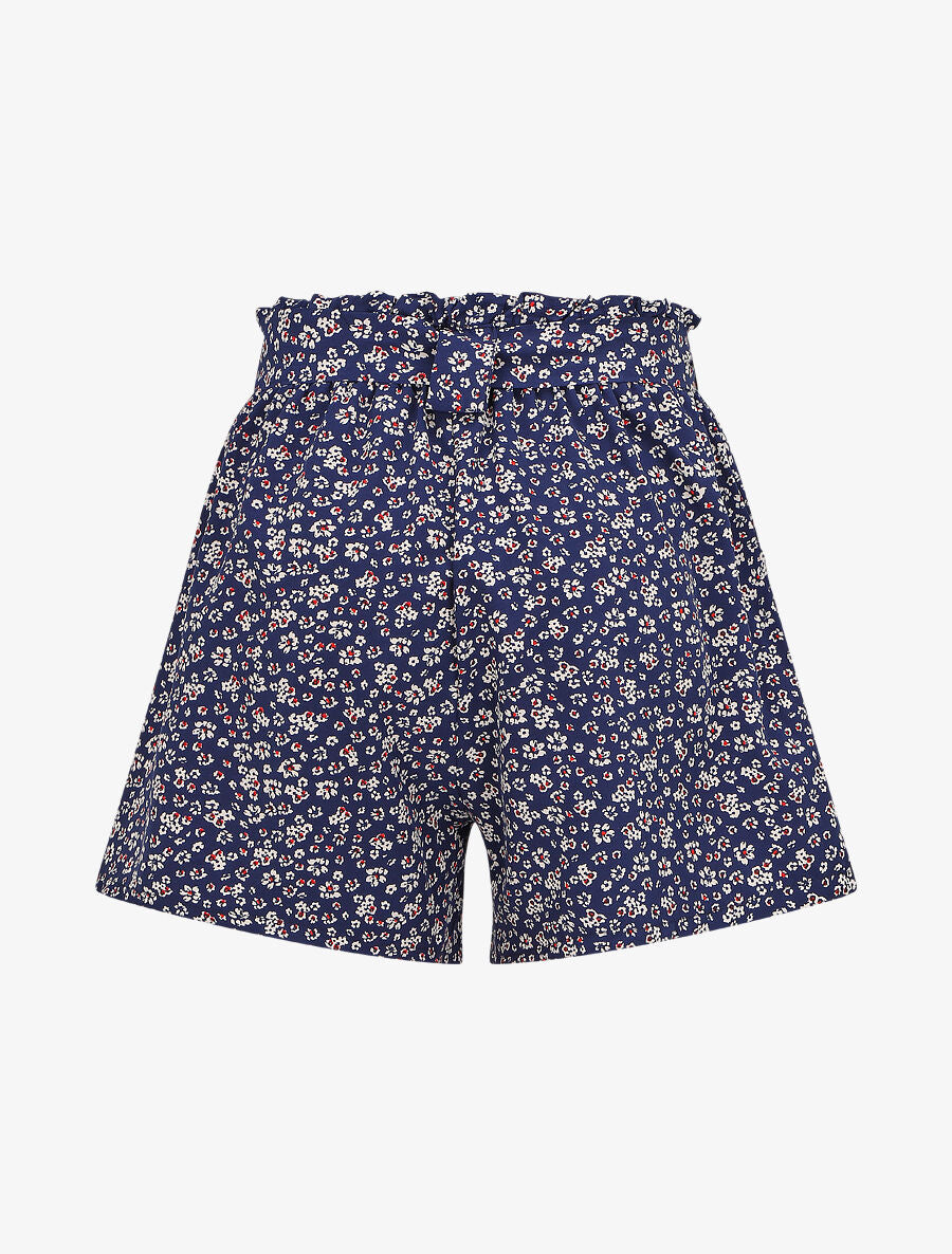 Short à taille froncée imprimé petites fleurs - Marine - 2