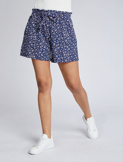 Short à taille froncée imprimé petites fleurs - Marine - 4