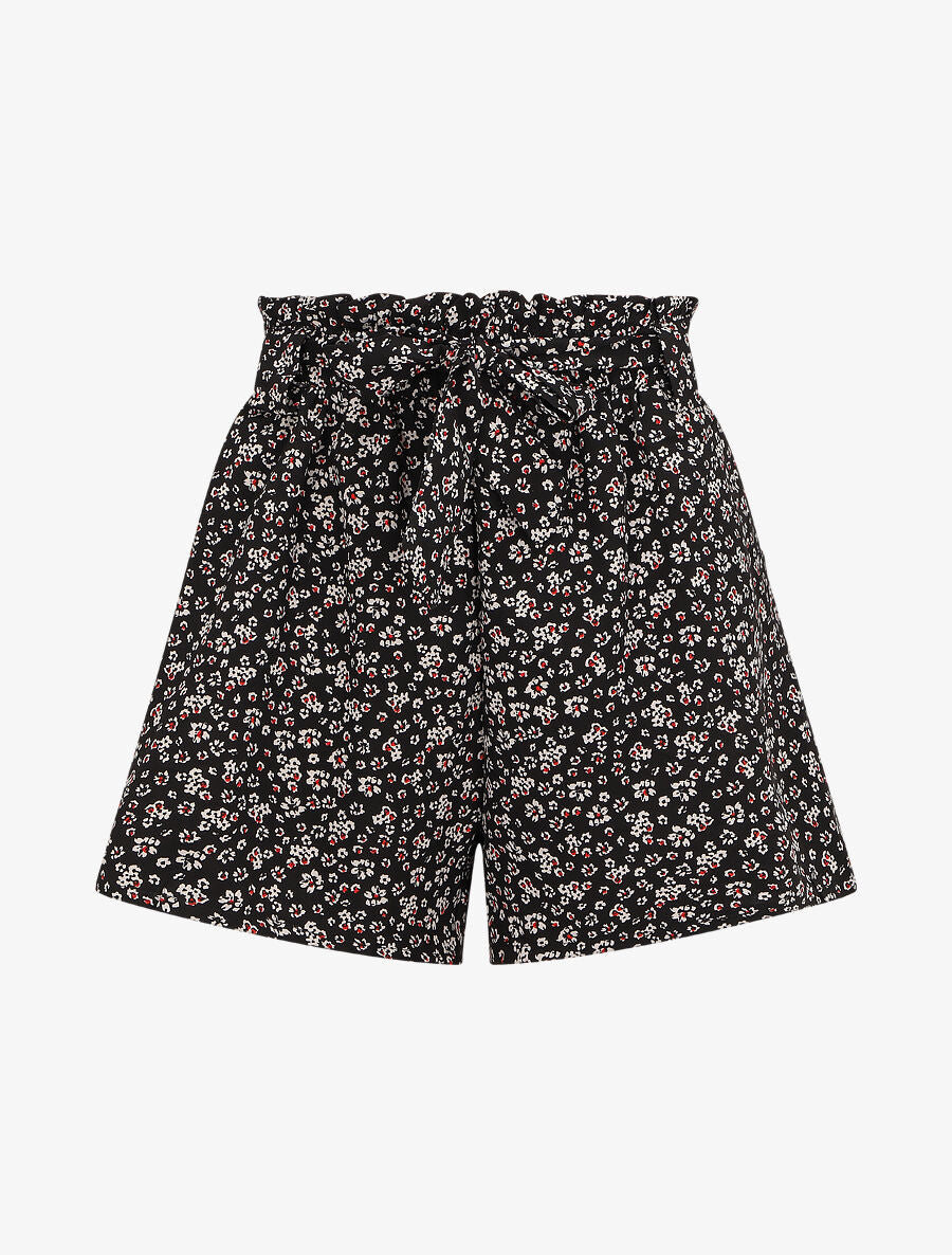 Short à taille froncée imprimé petites fleurs - Noir - 1