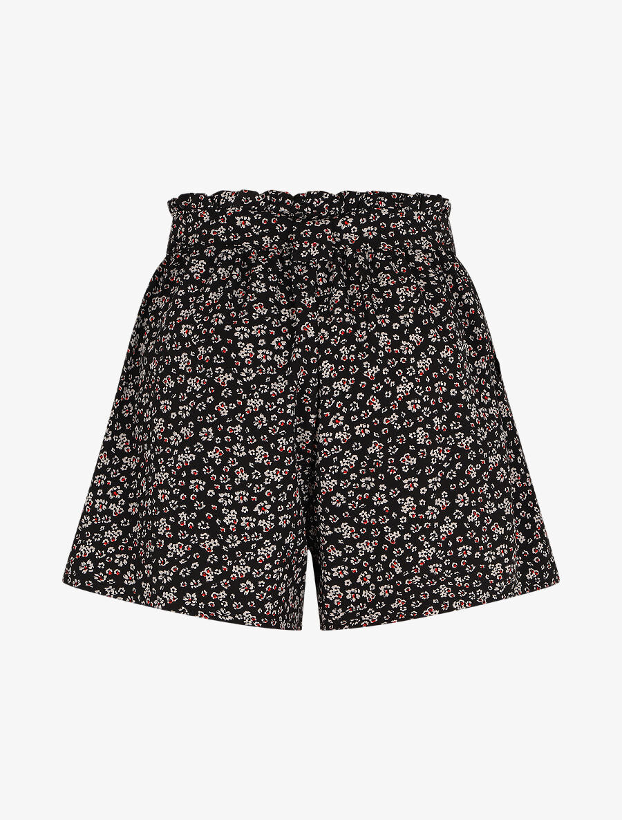 Short à taille froncée imprimé petites fleurs - Noir - 2