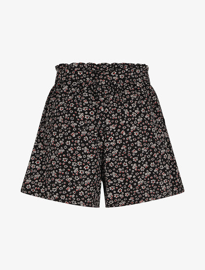 Short à taille froncée imprimé petites fleurs - Noir - 2