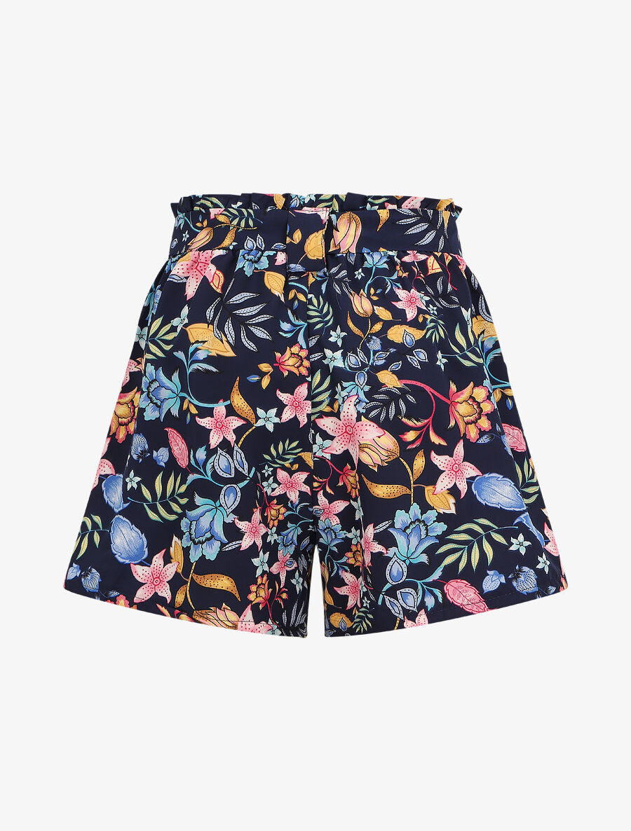 Short à taille froncée imprimé fleurs baroques - Marine - 2