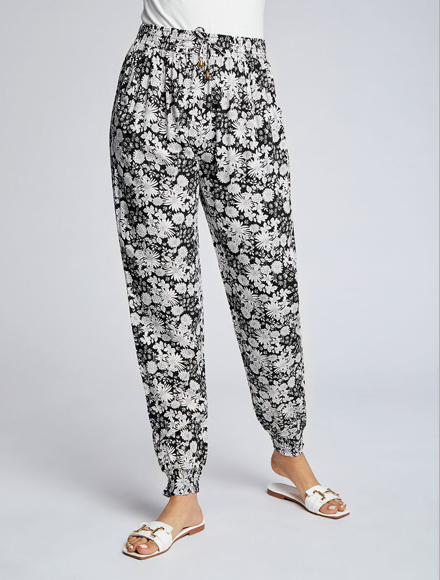 Pantalon imprimé fleurs stylisées - Noir - 4