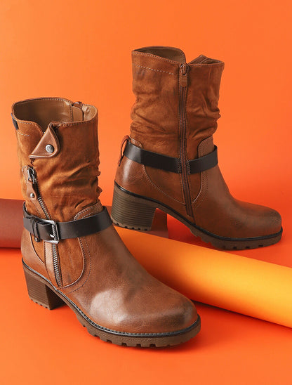 Bottines montantes bi-matière à zip - Camel - 5
