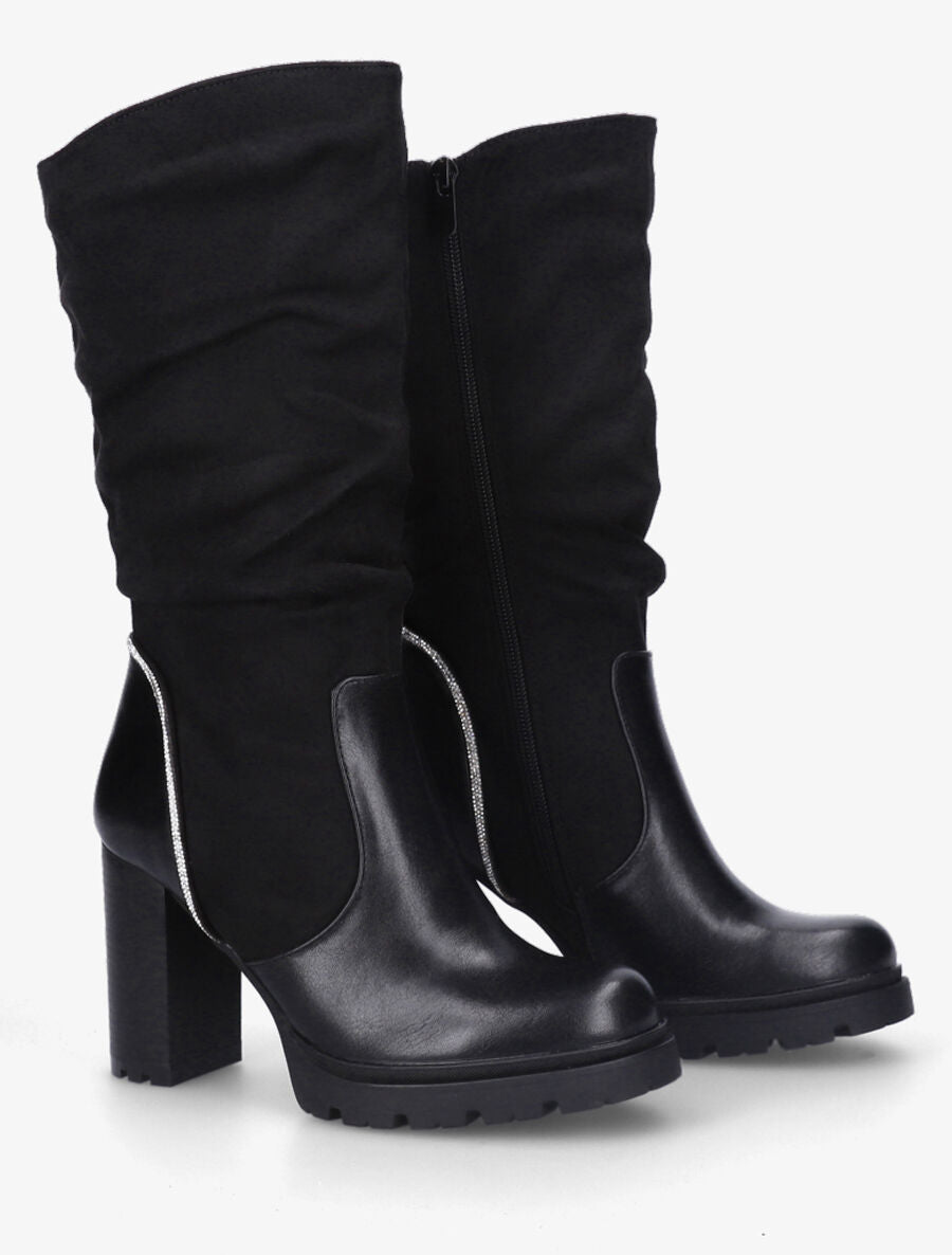 Bottes à talon et strass bi-matière - Noir - 4