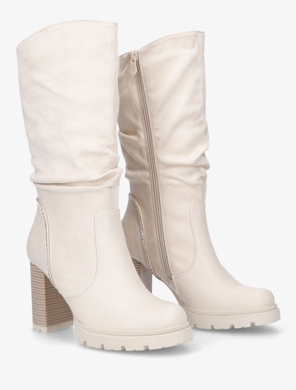 Bottes à talon et strass bi-matière - Beige - 4