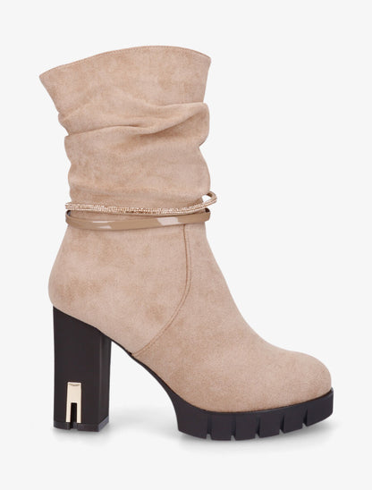 Bottines froncées à talon et strass - Beige - 1