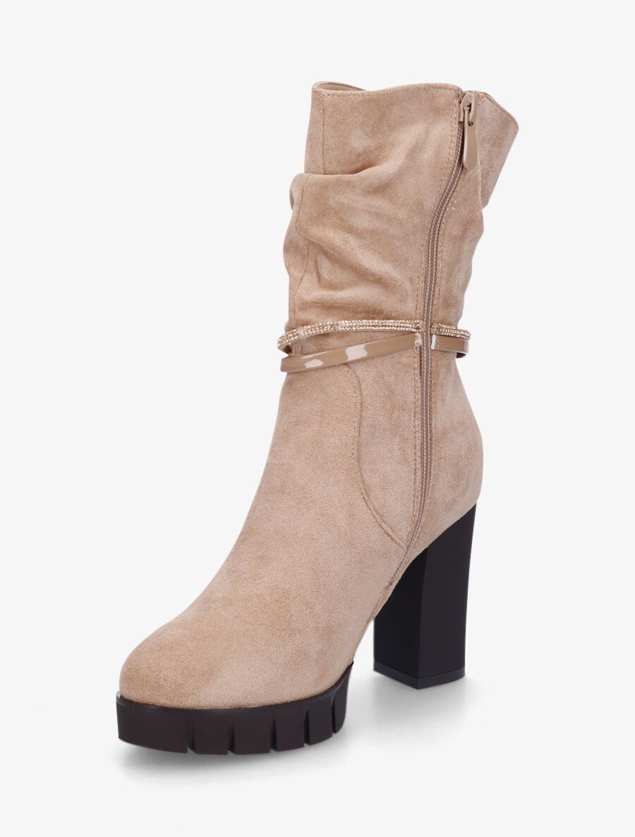 Bottines froncées à talon et strass - Beige - 3