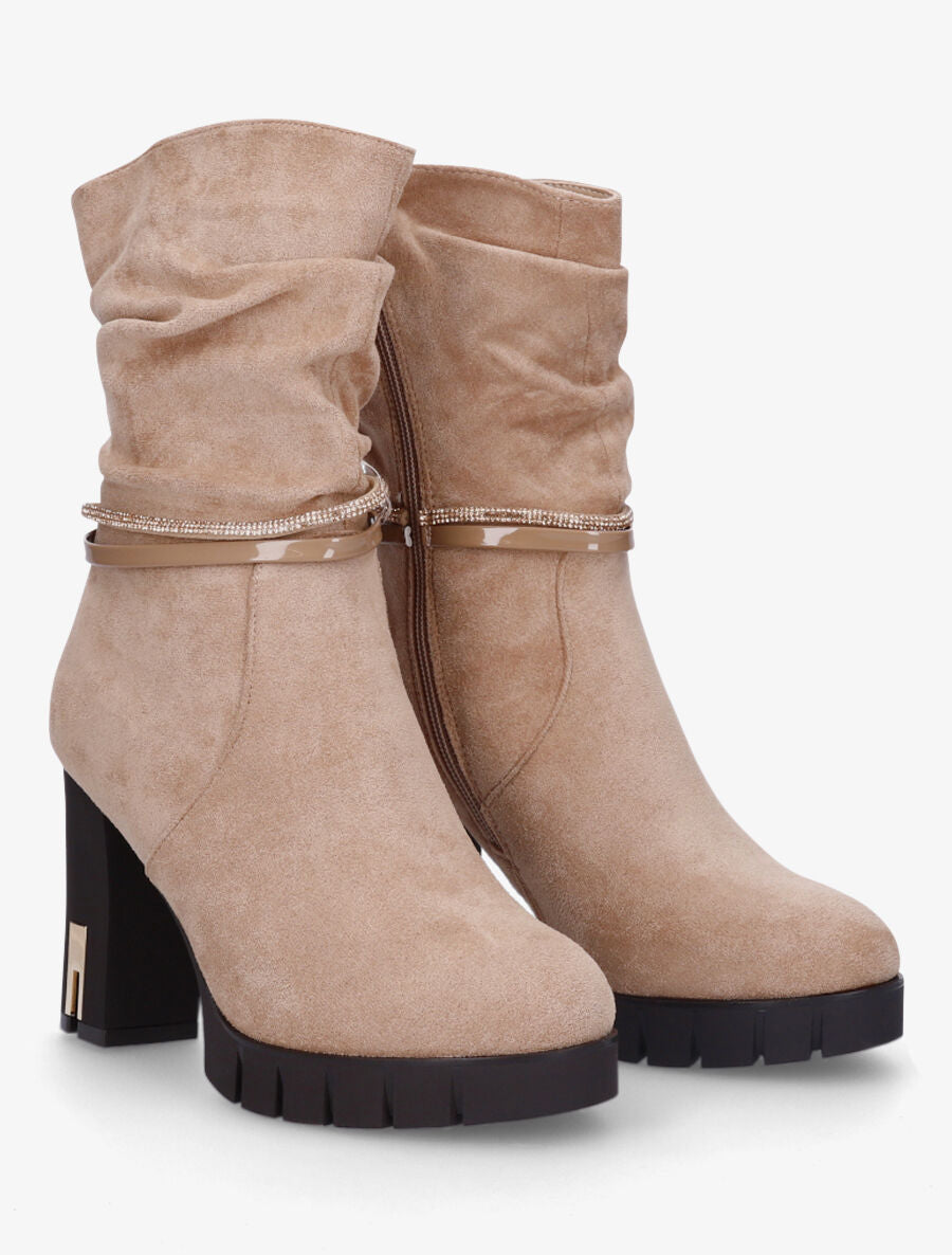 Bottines froncées à talon et strass - Beige - 4