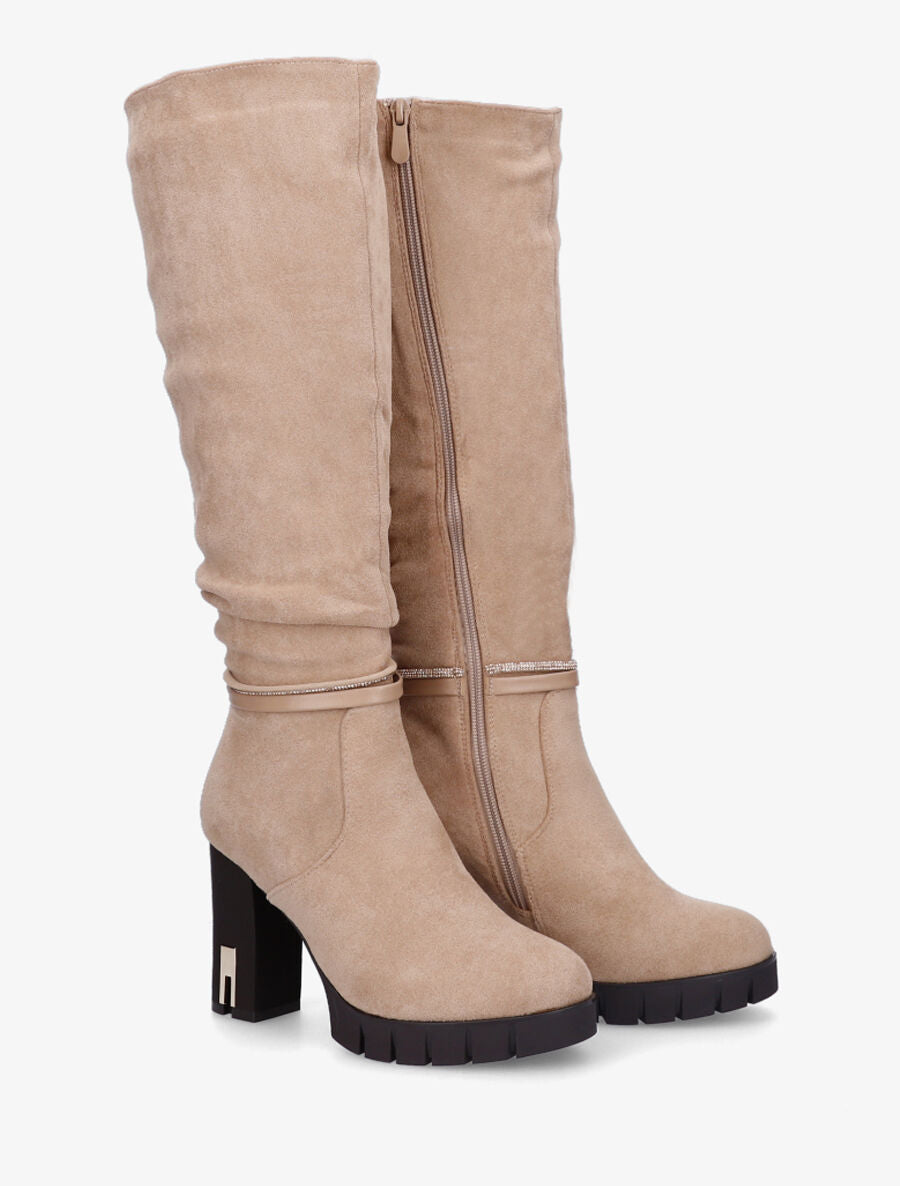 Bottes en suédine à talon haut - Beige - 4