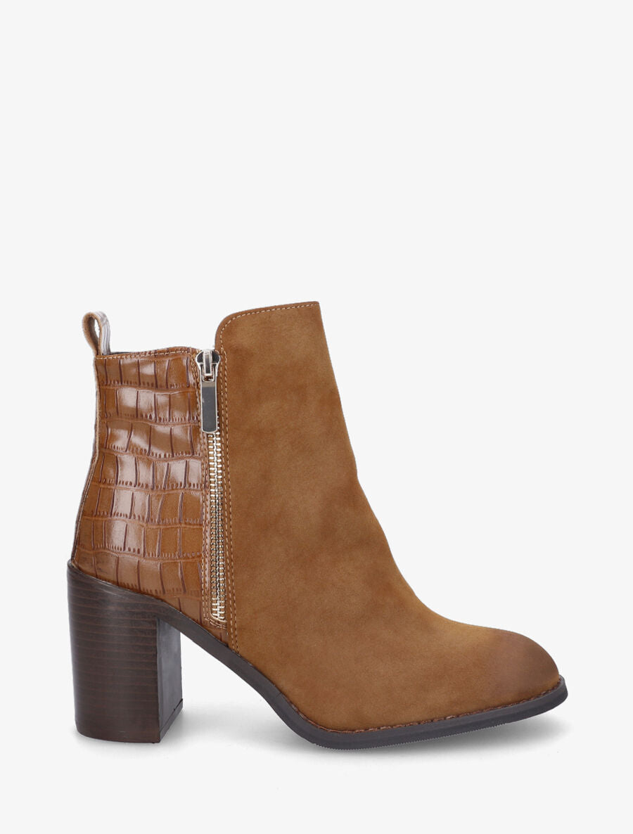 Bottines à talon et contrefort en croco - Camel - 1