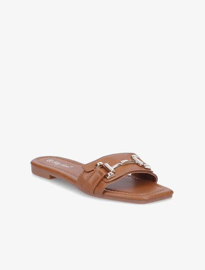 Mules stylisées à tige dorée - Camel - 2